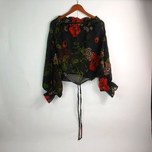 Beautiful M Boho Black Red Floral Fancy Sheer Crop Top